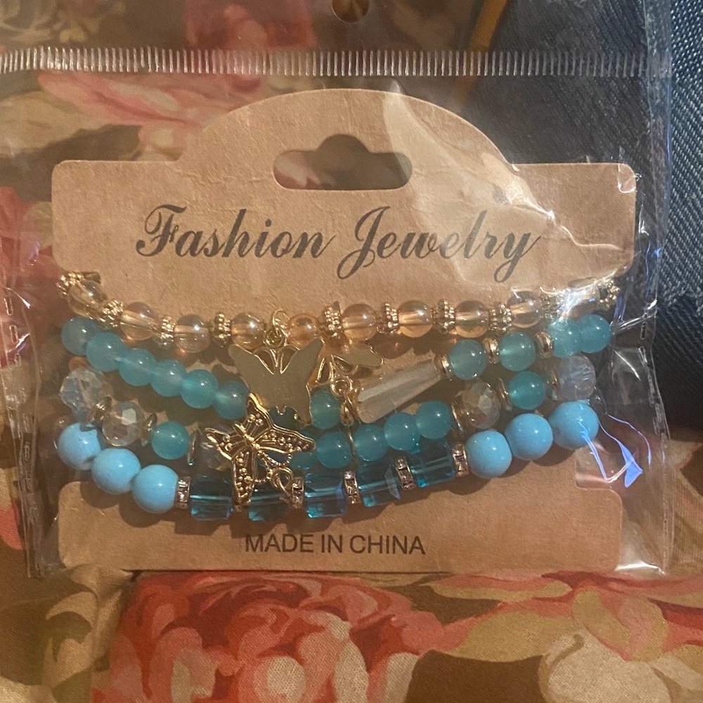 Fashion Jewelry Blue and Gold Bracelet Set of 4 with butterflies